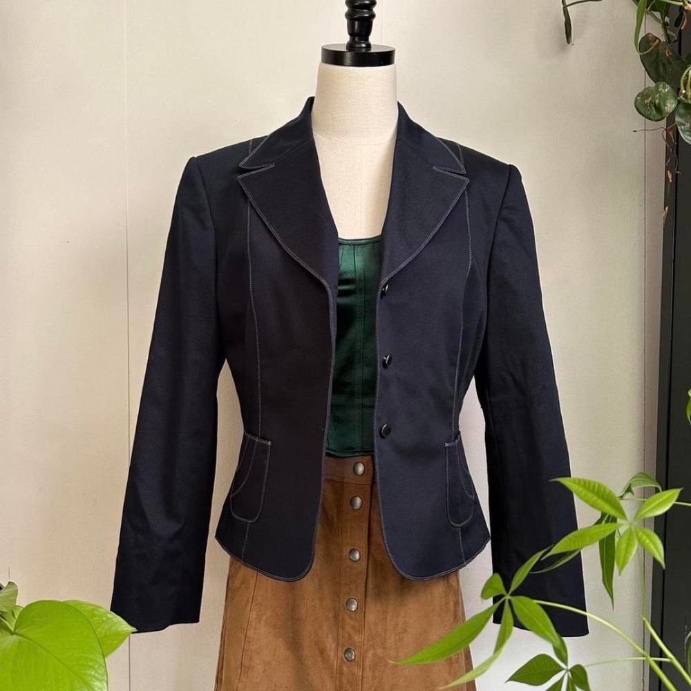 Tahari Arthur S. Levine Navy Blue Contrast Stitch Blazer Jacket 14P - Picture 2 of 7